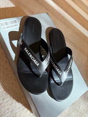 Balenciaga Black White Logo Cross-Strap Slide Sandals